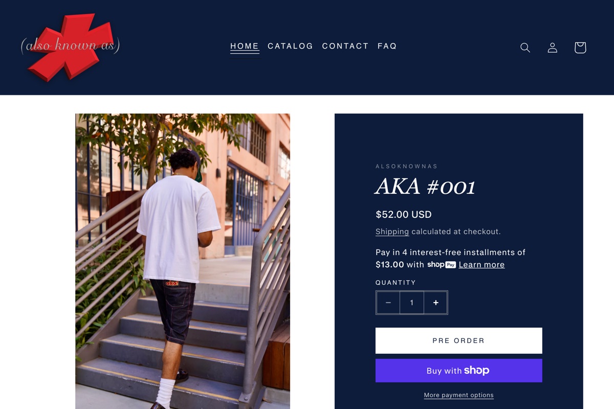 ALSO KNOWN AS storefront — navy product page for an LA streetwear drop